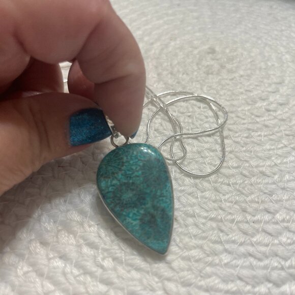 Natural TEAL FOSSIL CORAL Handmade Sterling 925 Pendant/Chain #310D - Picture 1 of 3
